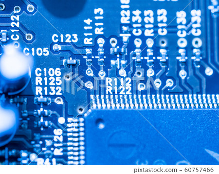 computer micro circuit board with integrated chipset in blue tone 60757466