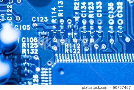computer micro circuit board with integrated chipset in blue tone 60757467