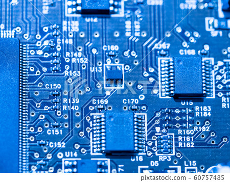 computer micro circuit board with integrated chipset in blue tone 60757485