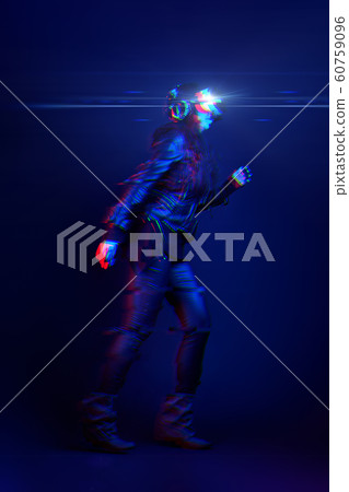 Woman wearing virtual reality headset. Image with glitch effect 60759096