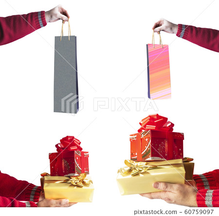 Man hands hold beautiful gifts. Isolated on white background. 60759097