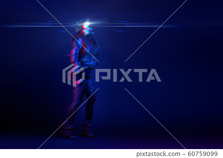 Woman wearing virtual reality headset. Image with glitch effect 60759099