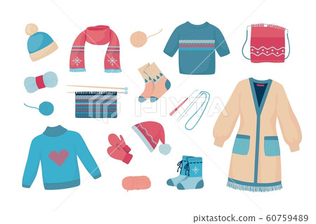 Wool yarn. Knitted autumn and winter sweaters, socks and scarves, cartoon clothing and and knitting instruments. Vector flat set 60759489