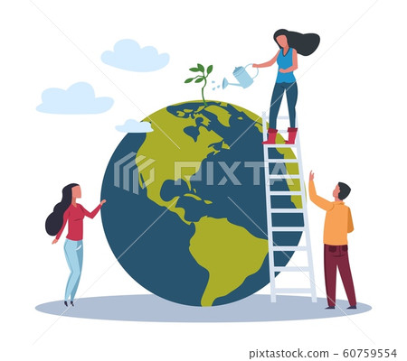 Ecology world concept. Save Green Planet Environment. People take care about planet ecology. Vector flat eco illustration 60759554