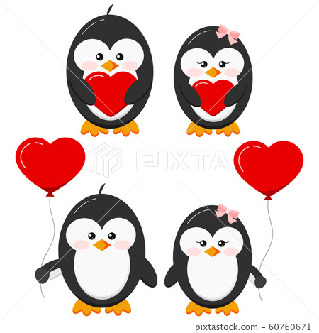 Cute lovely penguin stand with red heart and heart shape balloons set isolated on white background. Cute lovely penguin stand with red heart and heart shape balloons set isolated on white background. 60760671