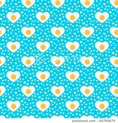 Fried egg colorful seamless pattern with hearts and dots on blue background. Fried egg colorful seamless pattern with hearts and dots on blue background. 60760679