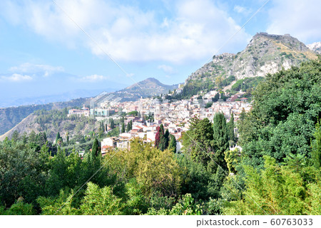 Italy Sicily Taormina landscape left Etna right Tauro Italy Sicily Taormina landscape left Etna right Tauro 60763033