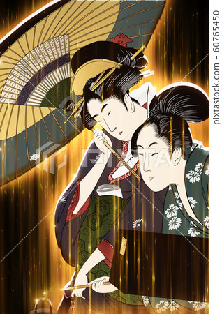 Geisha and shamisen box in night rain Geisha and shamisen box in night rain 60765450