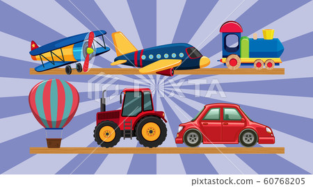 Many transportation toys on wooden shelves Many transportation toys on wooden shelves 60768205