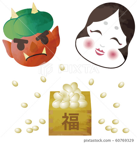 Setsubun Bean Beans Tafuku Demon Set Watercolor Touch Analog Style 60769329
