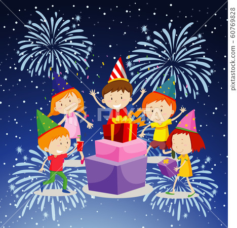Happy children with presents and fireworks 60769828