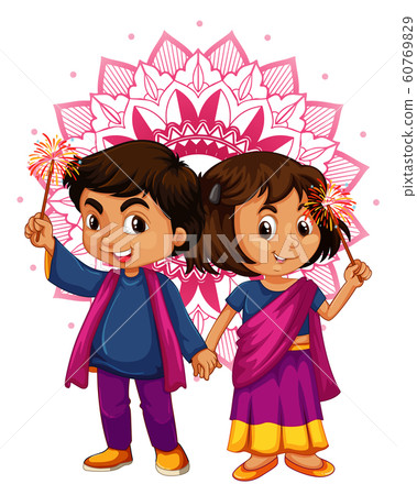 Indian boy and girl with mandala background 60769829