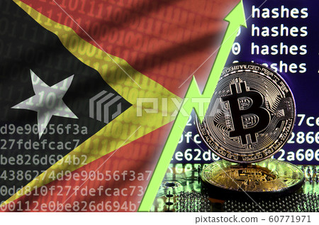 Timor Leste flag and rising green arrow on bitcoin Timor Leste flag and rising green arrow on bitcoin 60771971