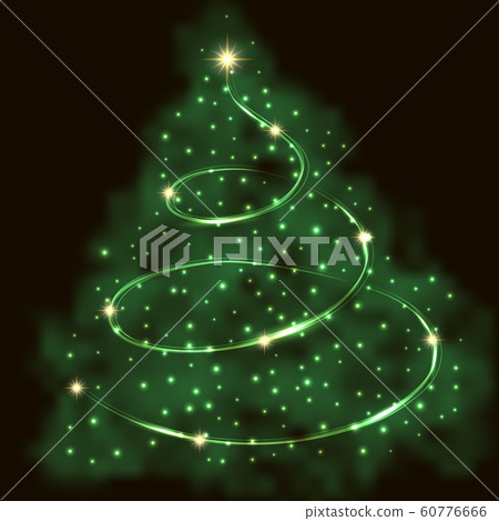 Christmas tree with glowing golden stars, shiny sparkles and neon effect garland. New year night decoration design vector illustration. Christmas tree with glowing golden stars, shiny sparkles and neon effect garland. New year night decoration design vector illustration. 60776666
