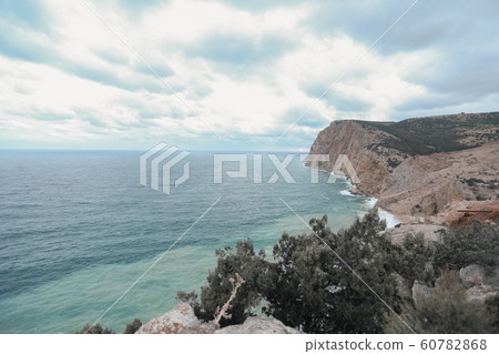 panorama of the stormy sea coast from the top of the mountain 60782868