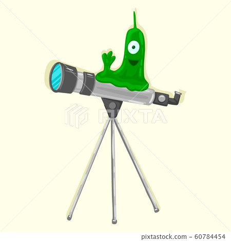 The alien is sitting on a telescope. Space exploration. Vector illustration The alien is sitting on a telescope. Space exploration. Vector illustration 60784454