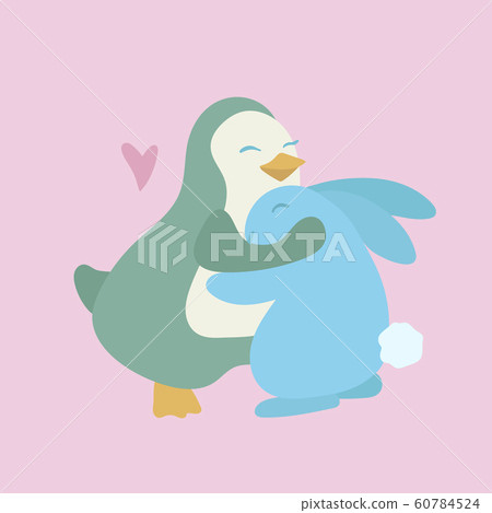 The penguin embraces a rabbit. Smiles and friendship. Vector flat illustration 60784524