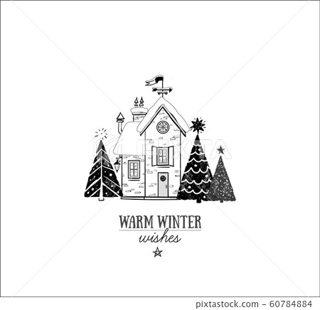 Christmas greeting card with small snow covered... - Stock Illustration ...