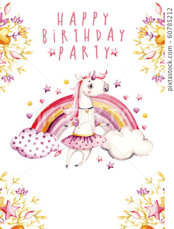 Isolated cute watercolor unicorn Birthday invitation card. Nursery unicorns and rainbow illustration. Princess unicorns poster. Isolated cute watercolor unicorn Birthday invitation card. Nursery unicorns and rainbow illustration. Princess unicorns poster. 60785212
