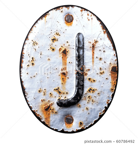 3D render capital letter J made of forged metal on the background fragment of a metal surface with cracked rust. 60786492