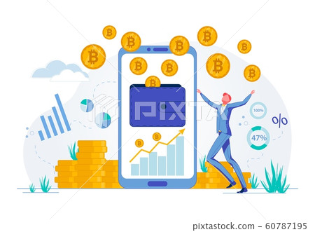 Businessman Happy with Bitcoin Funding Investment. Businessman Happy with Bitcoin Funding Investment. 60787195