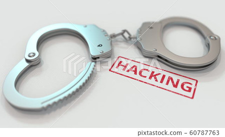 HACKING stamp and handcuffs. Crime and punishment related conceptual 3D rendering 60787763