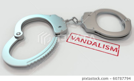 VANDALISM stamp and handcuffs. Crime and punishment related conceptual 3D rendering VANDALISM stamp and handcuffs. Crime and punishment related conceptual 3D rendering 60787794