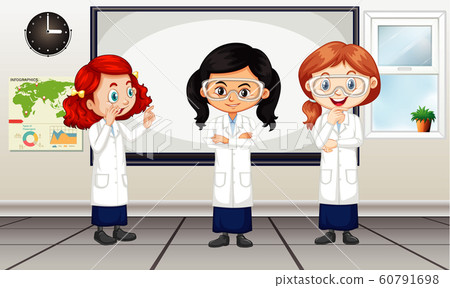 Classroom scene with three girls in lab gown 60791698