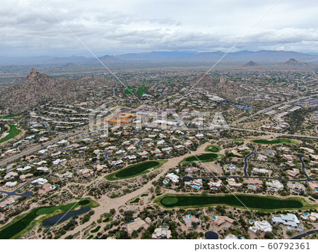 Aerial view above golf course and luxury villas, Scottsdale 60792361