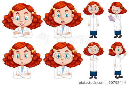 Set of red hair girl in lab gown doing different Set of red hair girl in lab gown doing different 60792444