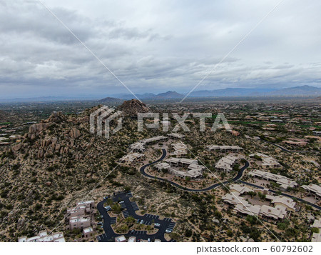 Aerial view of Scottsdale desert city in Arizona east of state capital Phoenix. Aerial view of Scottsdale desert city in Arizona east of state capital Phoenix. 60792602