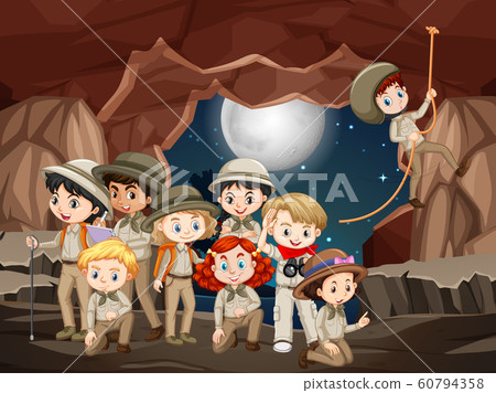 Scene with many kids in the cave at night Scene with many kids in the cave at night 60794358