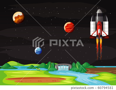 Scene with spaceship flying in the sky Scene with spaceship flying in the sky 60794581