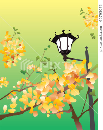 Retro landscape illustration of a park with yellow flowers and street lights 60795073