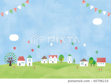 House and meadow watercolor blue sky 60796218