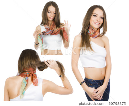 Happy girl demonstrates the options for using a neckerchief. 3 in 1 60798875