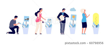 People grow dreams. Desire for success metaphor. Flat people water potted plants, dreams growth vector concept People grow dreams. Desire for success metaphor. Flat people water potted plants, dreams growth vector concept 60798956