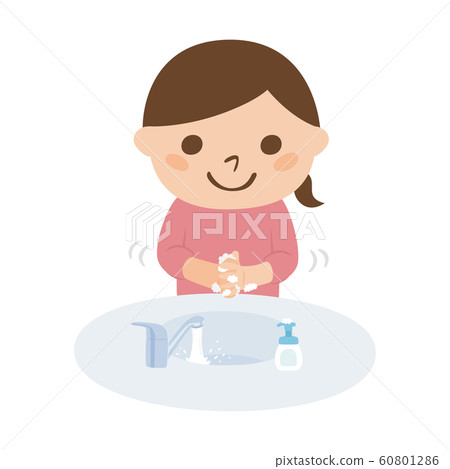 流感措施的例證。洗她的用肥皂的女孩手防止感冒。 60801286