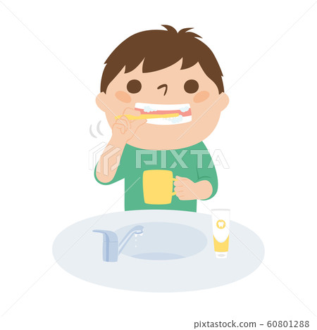 Illustration for brushing teeth. A boy brushing teeth after eating. 60801288