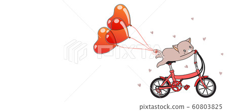 Kawaii cat is riding bicycle with heart balloons in Valentines day 60803825