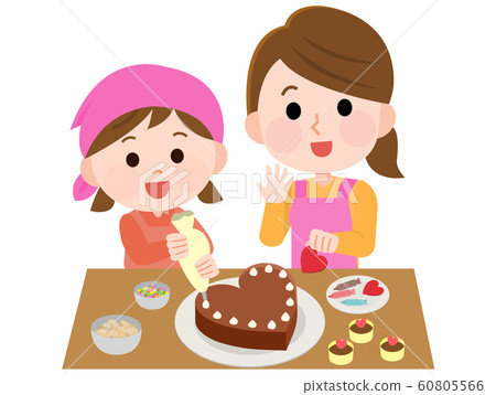 情人節-父母和孩子製作自製巧克力蛋糕插圖 情人節-父母和孩子製作自製巧克力蛋糕插圖 60805566