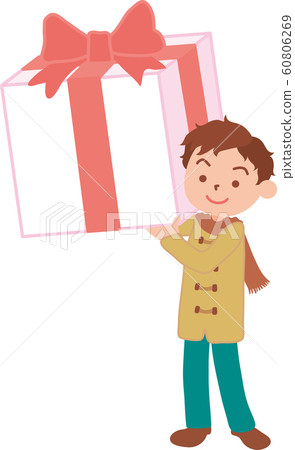 A man in winter clothes carrying a present 60806269