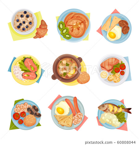 Different Dishes Served on Plates Top Viewed Vector Set 60808044