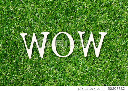 Wood letter in word wow on green grass background Wood letter in word wow on green grass background 60808882