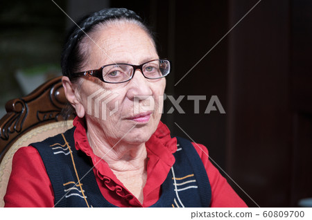 Portrait of an elderly pensive woman in glasses leaning on her arm indoors sitting and thinking. Elderly woman 80 years old Portrait of an elderly pensive woman in glasses leaning on her arm indoors sitting and thinking. Elderly woman 80 years old 60809700