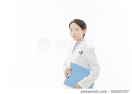 Career female researcher white background portrait person 60809707