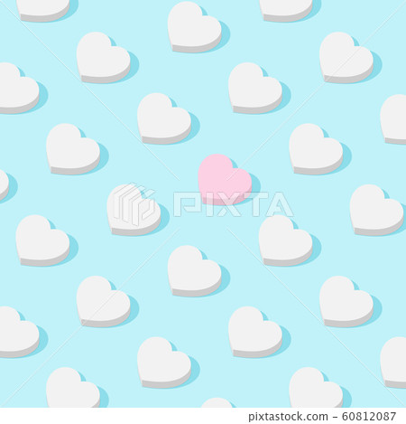 Fashionable pattern made of geometric hearts on a gentle blue background. Pink heart among whites. Minimal holiday concept. Sun shadow. Fashionable pattern made of geometric hearts on a gentle blue background. Pink heart among whites. Minimal holiday concept. Sun shadow. 60812087