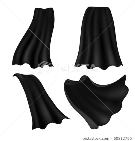Black hero cape. Realistic draped black cloak front side and back view, mantle masquerade clothes, carnival costume party accessories vector set 60812790