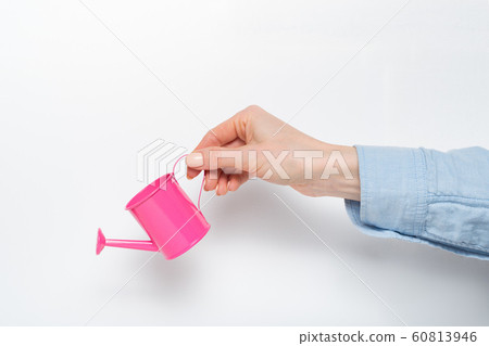 Small pink watering can in a female hand on a Small pink watering can in a female hand on a 60813946