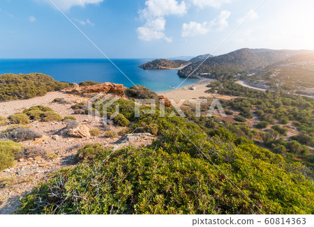 Afternoon foto of aerial view on Vai palm beach in Crete island. Afternoon foto of aerial view on Vai palm beach in Crete island. 60814363